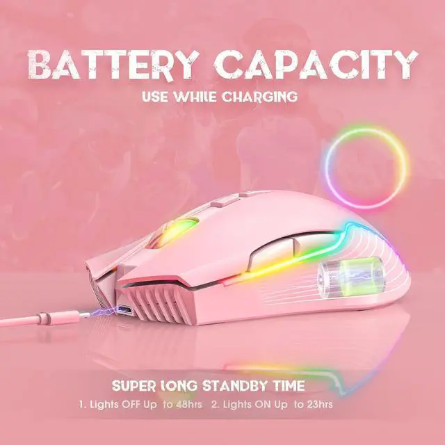 Alt view image 4 of 7 - RGB Wireless Gaming Mouse, Pink, Rechargeable, Ergonomic Design, Adjustable DPI, Compatible with Windows, Mac