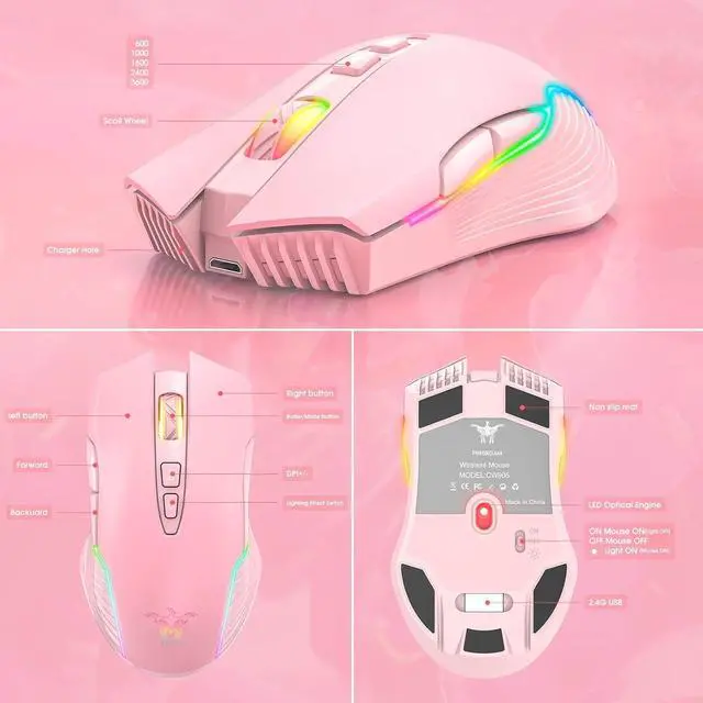 Alt view image 6 of 7 - RGB Wireless Gaming Mouse, Pink, Rechargeable, Ergonomic Design, Adjustable DPI, Compatible with Windows, Mac