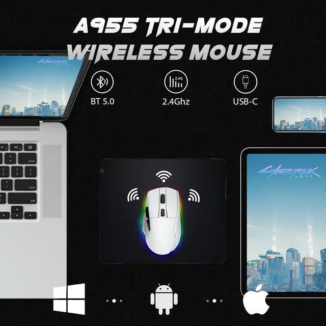Alt view image 2 of 7 - DAREU A955 Wireless Gaming Mouse with RGB Charging Dock: Tri-Mode 2.4G/USB-C/BT Mouse Up to 12K DPI Optical Sensor -KBS II Buttons Fully Programmable- 120 Hr Battery