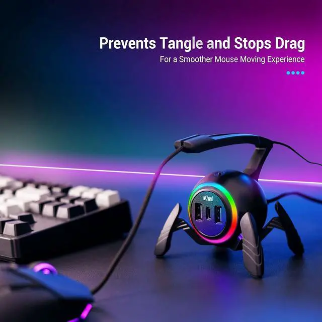 Alt view image 3 of 7 - KIWIFOTOS Mouse Bungee RGB Gaming Mouse Cord Holder Controller, Upgraded Flexible Cable Management Smart RGB LED Lights 2 Port USB Hub & 1 Type-C, Spider Mouse Wire Holder