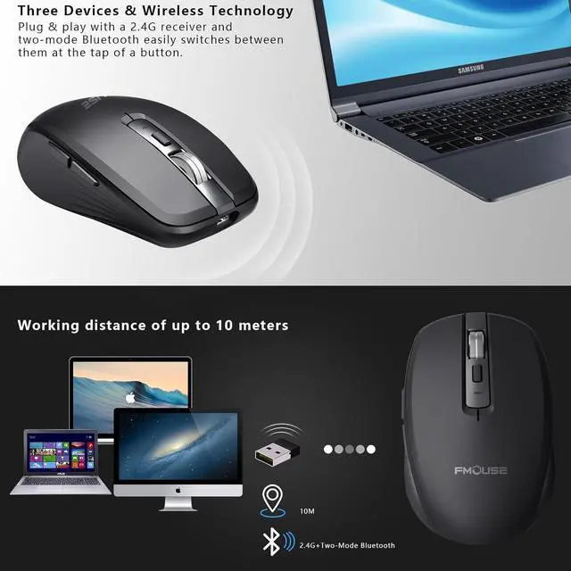Alt view image 2 of 7 - FMOUSE Wireless Mouse for Laptop, Ergonomic Bluetooth Mouse with Tri-Mode (Dual Bluetooth + 2.4GHz) 2400 DPI USB C Rechargeable Silent Mice for PC Computer Desktop (Black)
