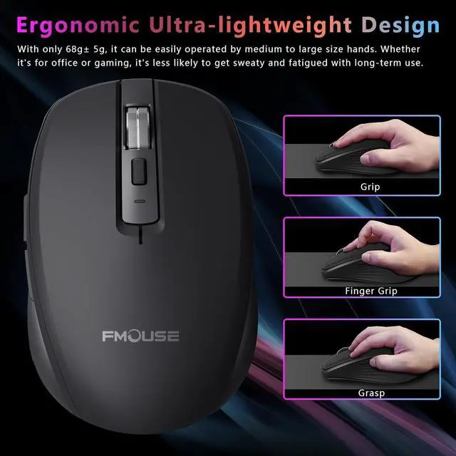 Alt view image 5 of 7 - FMOUSE Wireless Mouse for Laptop, Ergonomic Bluetooth Mouse with Tri-Mode (Dual Bluetooth + 2.4GHz) 2400 DPI USB C Rechargeable Silent Mice for PC Computer Desktop (Black)