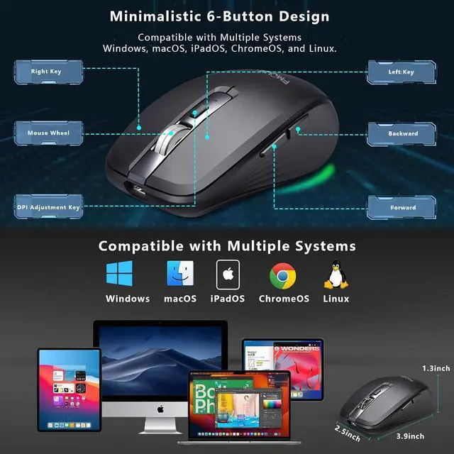 Alt view image 7 of 7 - FMOUSE Wireless Mouse for Laptop, Ergonomic Bluetooth Mouse with Tri-Mode (Dual Bluetooth + 2.4GHz) 2400 DPI USB C Rechargeable Silent Mice for PC Computer Desktop (Black)