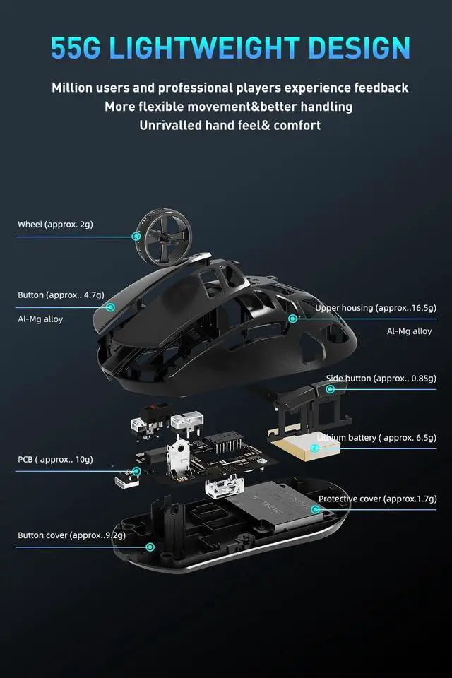 Alt view image 3 of 7 - DAREU A950pro Al-Mg Alloy 4K Wireless Gaming Mouse:55g Ultra-Lightweight,Magnalium Shell,PAW3395 26K DPI Sensor,15min Fast-Charging,5 Programmable Buttons,Tri-Mode Connectivity