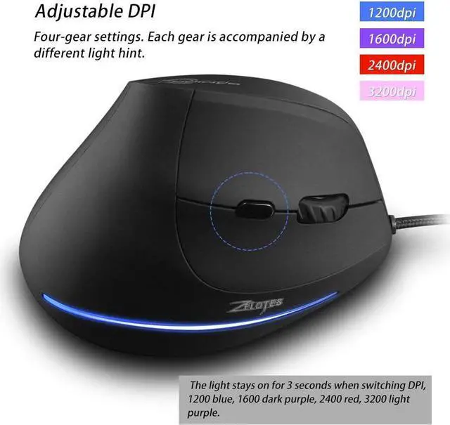 Alt view image 4 of 7 - zelotes Wired Mouse for Computer,3200DPI,6 Buttons LED USB Optical Ergonomic mouse,Vertical Mouse,Corded mouse for Laptop,PC,Mac,Black