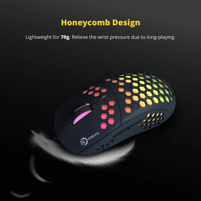 Alt view image 2 of 6 - DREVO Falcon Full RGB Wired Lightweight 70g Gaming Mouse 16000DPI Optical Sensor PixArt 3389, 1000Hz Report Rate, 400IPS, Ultra-Soft Cable and Honeycomb Shell - Black