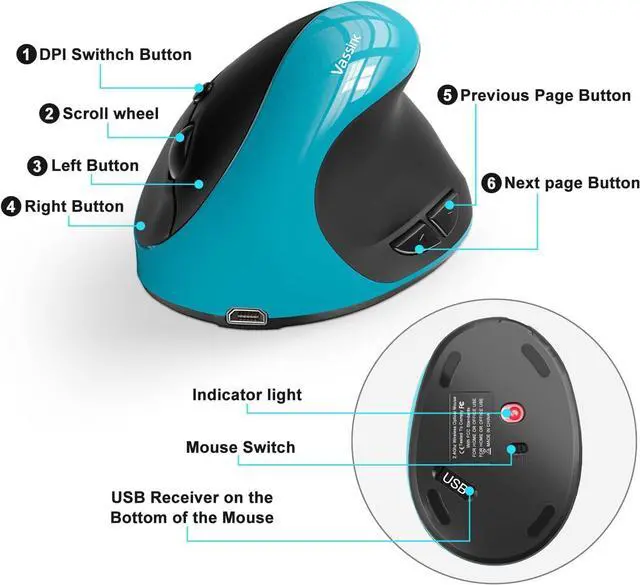 Alt view image 5 of 7 - Vassink Ergonomic Mouse, Rechargeable Wireless Mouse Right Handed Small Mouse with 6 Buttons 3 Adjustable 800/1200/1600 DPI for Laptop,Desktop,PC, MacBookBlue