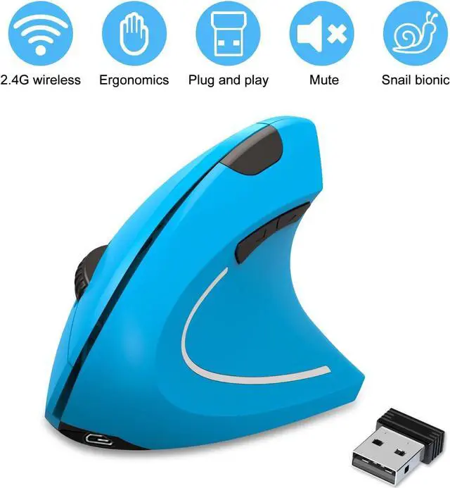 Alt view image 2 of 7 - Vassink Ergonomic Mouse, Rechargeable Wireless Mouse, 2.4GHz Rechargeable Vertical Optical Mouse with USB Receiver, 6 Buttons, 800/1200/1600 DPI, for Laptop, PC, Computer (Blue)