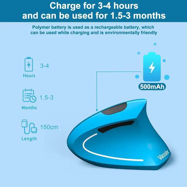Alt view image 3 of 7 - Vassink Ergonomic Mouse, Rechargeable Wireless Mouse, 2.4GHz Rechargeable Vertical Optical Mouse with USB Receiver, 6 Buttons, 800/1200/1600 DPI, for Laptop, PC, Computer (Blue)