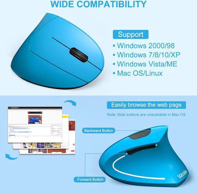 Alt view image 5 of 7 - Vassink Ergonomic Mouse, Rechargeable Wireless Mouse, 2.4GHz Rechargeable Vertical Optical Mouse with USB Receiver, 6 Buttons, 800/1200/1600 DPI, for Laptop, PC, Computer (Blue)