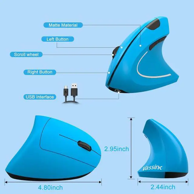 Alt view image 7 of 7 - Vassink Ergonomic Mouse, Rechargeable Wireless Mouse, 2.4GHz Rechargeable Vertical Optical Mouse with USB Receiver, 6 Buttons, 800/1200/1600 DPI, for Laptop, PC, Computer (Blue)