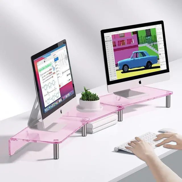 Alt view image 2 of 7 - dual monitor stand riser, 3-layer pink acrylic monitor stand with anti slip pad, adjustable length and angle, suitable for 2 monitors, desktop, laptop, PC, printer, TV screen (Pink acrylic)