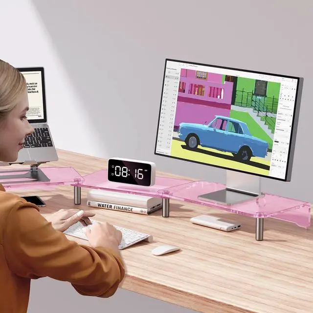 Alt view image 3 of 7 - dual monitor stand riser, 3-layer pink acrylic monitor stand with anti slip pad, adjustable length and angle, suitable for 2 monitors, desktop, laptop, PC, printer, TV screen (Pink acrylic)