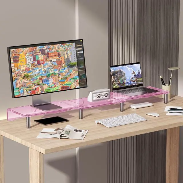 Alt view image 4 of 7 - dual monitor stand riser, 3-layer pink acrylic monitor stand with anti slip pad, adjustable length and angle, suitable for 2 monitors, desktop, laptop, PC, printer, TV screen (Pink acrylic)