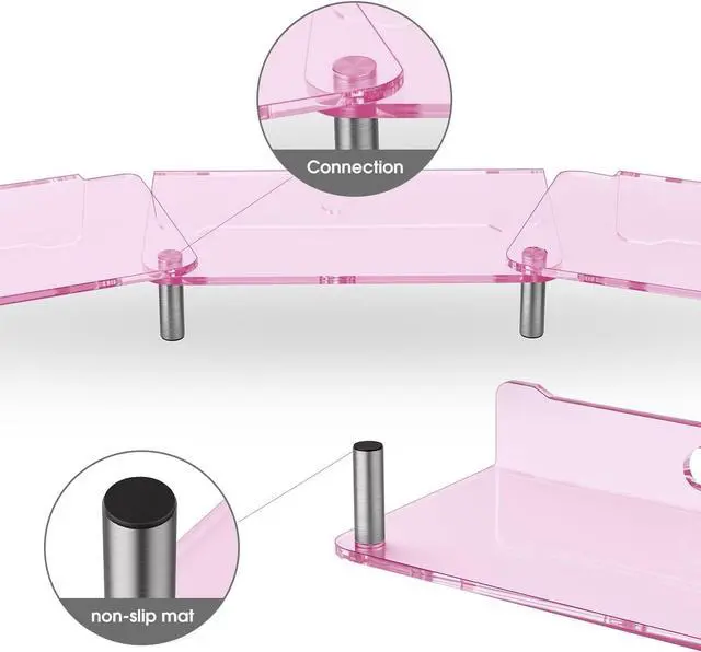 Alt view image 5 of 7 - dual monitor stand riser, 3-layer pink acrylic monitor stand with anti slip pad, adjustable length and angle, suitable for 2 monitors, desktop, laptop, PC, printer, TV screen (Pink acrylic)