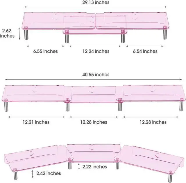 Alt view image 6 of 7 - dual monitor stand riser, 3-layer pink acrylic monitor stand with anti slip pad, adjustable length and angle, suitable for 2 monitors, desktop, laptop, PC, printer, TV screen (Pink acrylic)