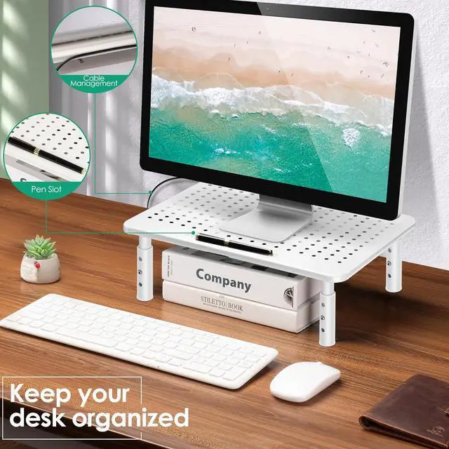 Alt view image 4 of 7 - White Monitor Stand Risers for 2 Monitors, 3 Height Adjustable Monitor Stand with Pen Holder, Dual Monitor Riser Laptop Riser for Office, Home, School Supplies, 2 Pack