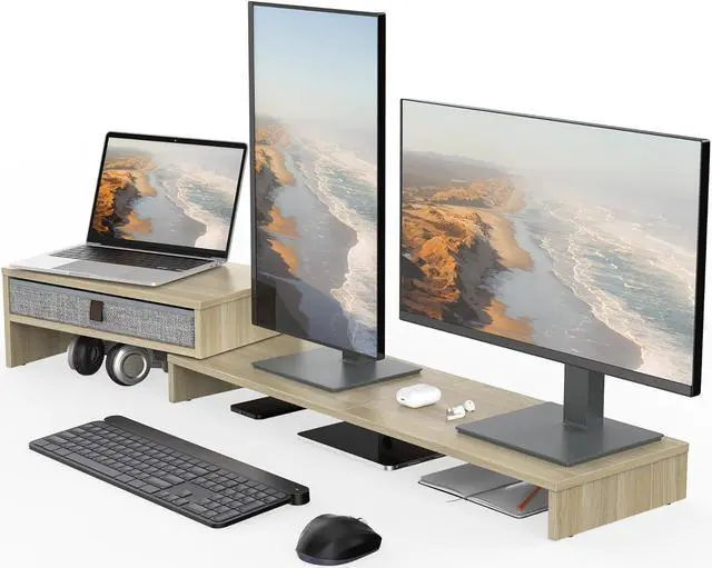 Main image of Fenge Computer Monitor Riser Stand with Drawer for 2 or 3 Monitors ,Adjustable Length and Angle Desktop Laptop Stand,Office Organizer,Printer,Oak