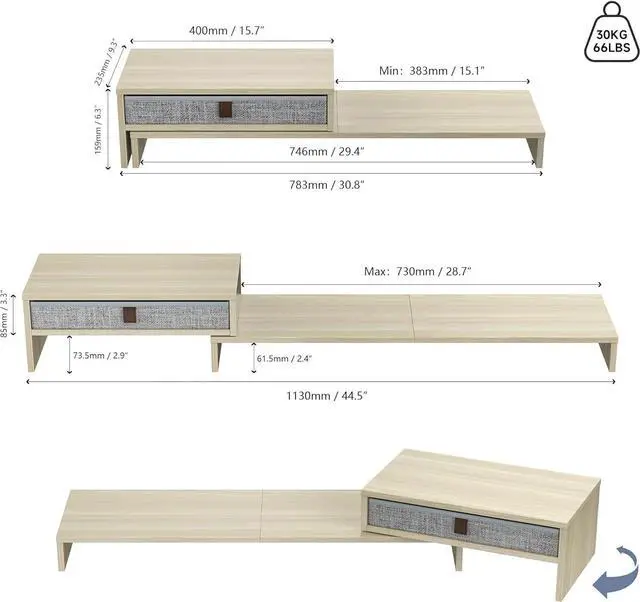 Alt view image 3 of 7 - Fenge Computer Monitor Riser Stand with Drawer for 2 or 3 Monitors ,Adjustable Length and Angle Desktop Laptop Stand,Office Organizer,Printer,Oak