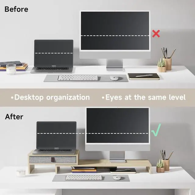 Alt view image 2 of 7 - Fenge Computer Monitor Riser Stand with Drawer for 2 or 3 Monitors ,Adjustable Length and Angle Desktop Laptop Stand,Office Organizer,Printer,Oak