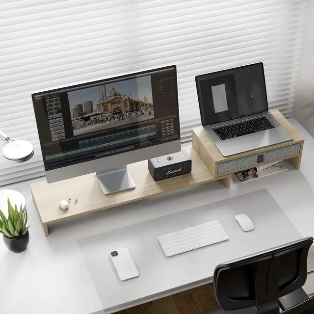 Alt view image 6 of 7 - Fenge Computer Monitor Riser Stand with Drawer for 2 or 3 Monitors ,Adjustable Length and Angle Desktop Laptop Stand,Office Organizer,Printer,Oak