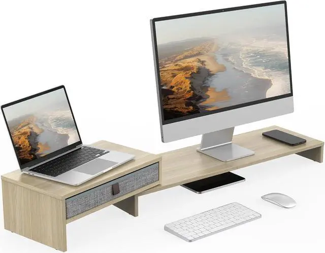 Alt view image 7 of 7 - Fenge Computer Monitor Riser Stand with Drawer for 2 or 3 Monitors ,Adjustable Length and Angle Desktop Laptop Stand,Office Organizer,Printer,Oak
