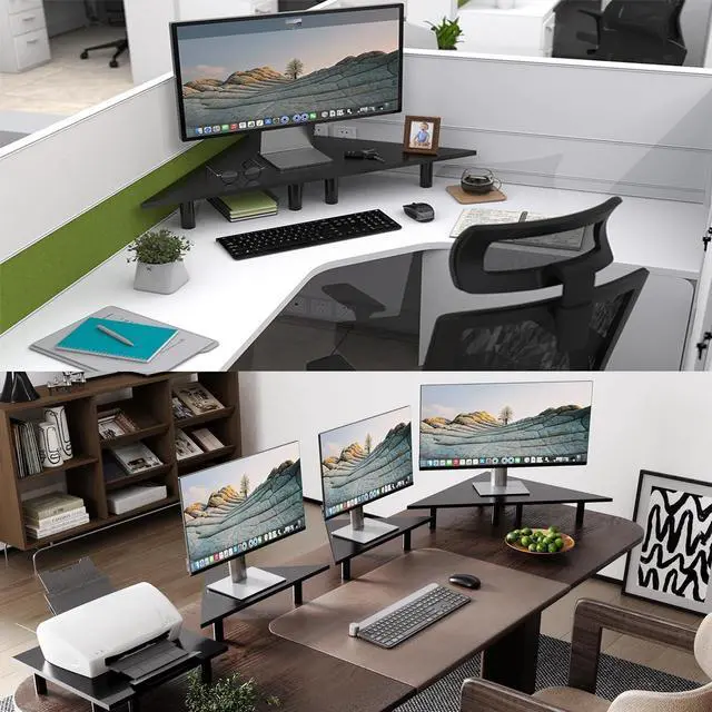 Alt view image 2 of 7 - 2 Pack Corner Monitor RiserWood & Steel Desktop Height Adjustable 27 Inch Corner Desk Shelf Ergonomic Space Saving DesignUniversal Corner Stand For ComputerLaptopPCIMACPrinterBlack