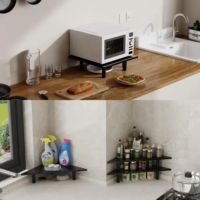 Alt view image 3 of 7 - 2 Pack Corner Monitor RiserWood & Steel Desktop Height Adjustable 27 Inch Corner Desk Shelf Ergonomic Space Saving DesignUniversal Corner Stand For ComputerLaptopPCIMACPrinterBlack