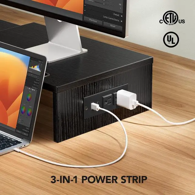 Alt view image 2 of 7 - HUANUO Dual Monitor Stand -Monitor Stand with USB ports ,Adjustable Length and Angle, Dual monitor riser w/ Desktop Socket, Monitor Stand Riser for PC, Computer, Laptop (Black)