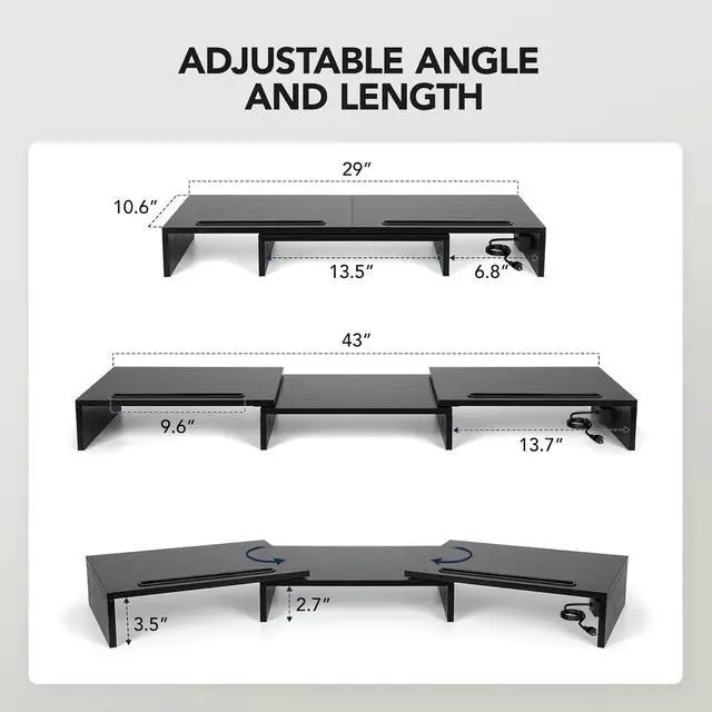 Alt view image 4 of 7 - HUANUO Dual Monitor Stand -Monitor Stand with USB ports ,Adjustable Length and Angle, Dual monitor riser w/ Desktop Socket, Monitor Stand Riser for PC, Computer, Laptop (Black)