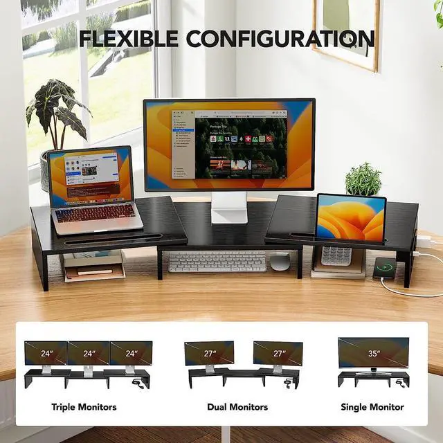 Alt view image 3 of 7 - HUANUO Dual Monitor Stand -Monitor Stand with USB ports ,Adjustable Length and Angle, Dual monitor riser w/ Desktop Socket, Monitor Stand Riser for PC, Computer, Laptop (Black)