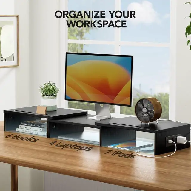 Alt view image 6 of 7 - HUANUO Dual Monitor Stand -Monitor Stand with USB ports ,Adjustable Length and Angle, Dual monitor riser w/ Desktop Socket, Monitor Stand Riser for PC, Computer, Laptop (Black)