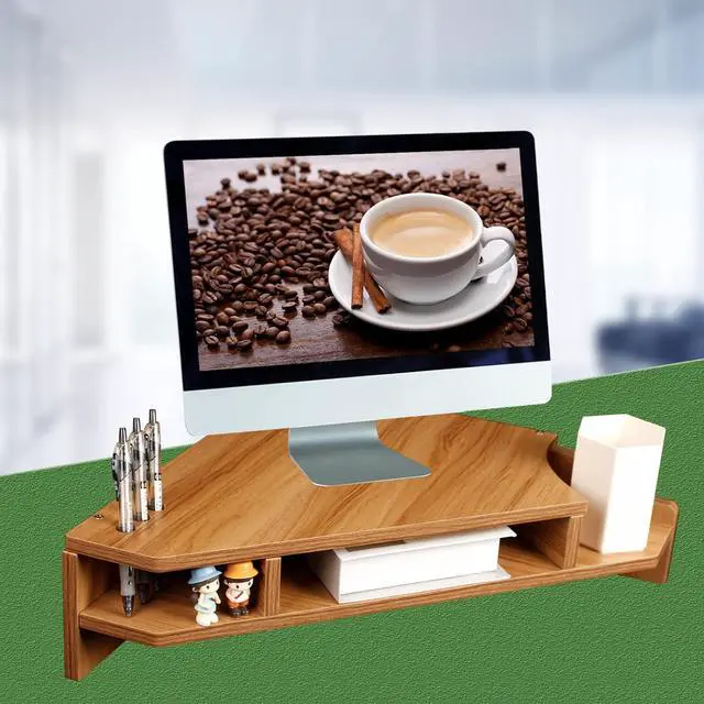 Alt view image 2 of 7 - Triangle Monitor Stand Riser, Wooden Triangle Desktop Computer Stand with Office Organization, Walnut Color