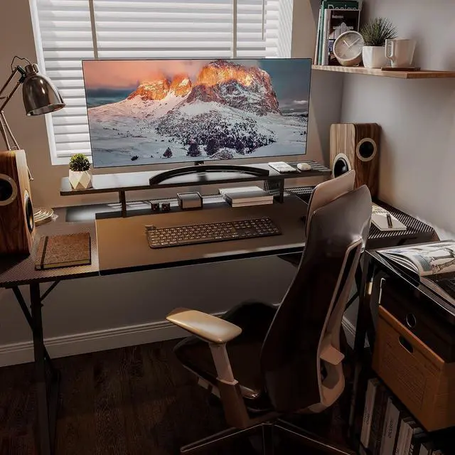 Alt view image 2 of 7 - EUREKA ERGONOMIC Dual Monitor Stand - Adjustable Legs, Dual Monitor Riser, Carbon Fiber Computer Monitor Stand, Desktop Organizer, Monitor Stand Riser for PC, Computer, Laptop (Black)