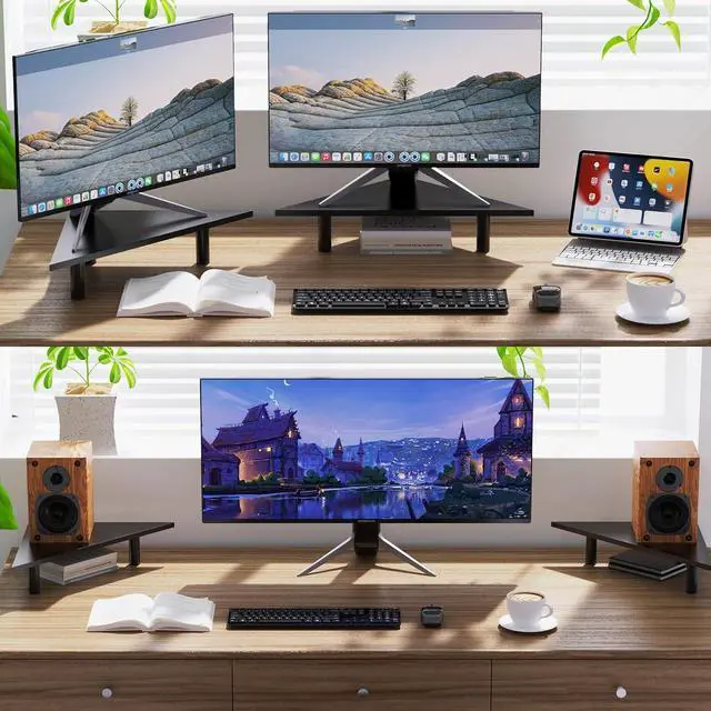 Alt view image 6 of 7 - 2 Pack Corner Monitor RiserWood & Steel Desktop Height Adjustable 27 Inch Corner Desk Shelf Ergonomic Space Saving DesignUniversal Corner Stand For ComputerLaptopPCIMACPrinterBlack