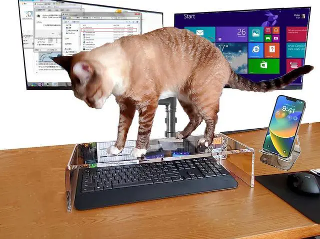 Alt view image 4 of 7 - Acrylic Monitor Stand Riser Crystal Clear Monitor Riser, 21 inch large Anti Cat keyboard cover keyboard cat protector, Computer Stand Riser with Keyboard Storage and Laptop Desk Stand