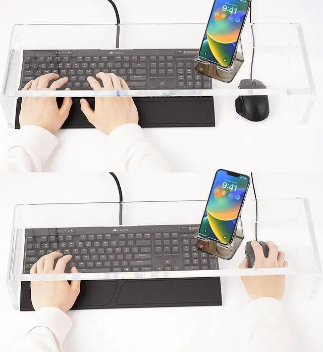 Alt view image 7 of 7 - Acrylic Monitor Stand Riser Crystal Clear Monitor Riser, 21 inch large Anti Cat keyboard cover keyboard cat protector, Computer Stand Riser with Keyboard Storage and Laptop Desk Stand
