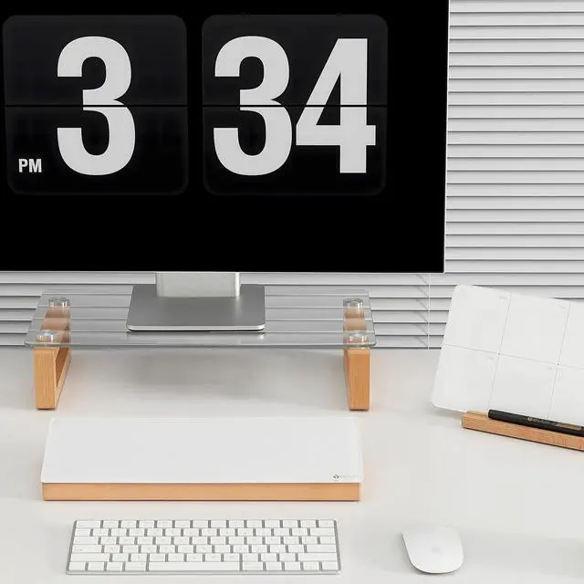 Alt view image 6 of 6 - YEOUX Multi-Purpose Desktop Stand, Clear Floating Computer Monitor Riser with Natural Wood Base, Desk Organization Shelf for Printer, Laptop, Audio Device, Flat Screen