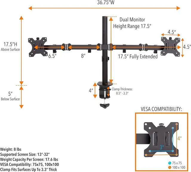 Alt view image 6 of 7 - Stand Steady 2 Monitor Mount Desk Stand | Height Adjustable Double Monitor Stand with Desk Clamp| Full Articulation VESA Mount Fits Most LCD/LED Monitors 13-32 Inches (2 Arm Clamp)