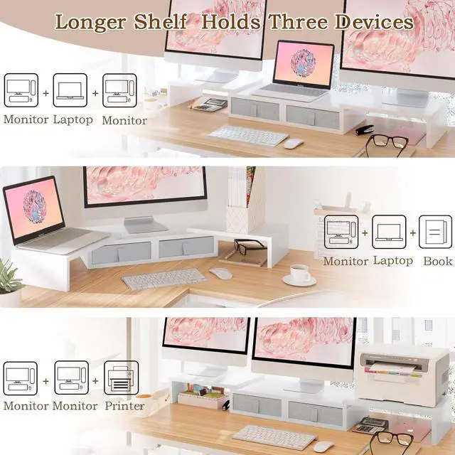 Alt view image 2 of 7 - TEAMIX Dual Monitor Stand Riser - Length and Angle Adjustable White Monitor Stand with 2 Drawers to Storage Large Computer Riser for 2 Monitors/Laptop/PC, Wood Screen/TV Stand Desk Organizer