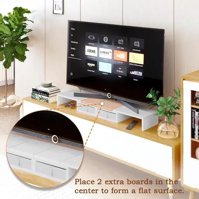 Alt view image 6 of 7 - TEAMIX Dual Monitor Stand Riser - Length and Angle Adjustable White Monitor Stand with 2 Drawers to Storage Large Computer Riser for 2 Monitors/Laptop/PC, Wood Screen/TV Stand Desk Organizer