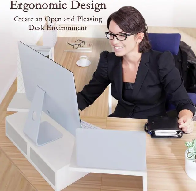 Alt view image 3 of 7 - TEAMIX Dual Monitor Stand Riser - Length and Angle Adjustable White Monitor Stand with 2 Drawers to Storage Large Computer Riser for 2 Monitors/Laptop/PC, Wood Screen/TV Stand Desk Organizer