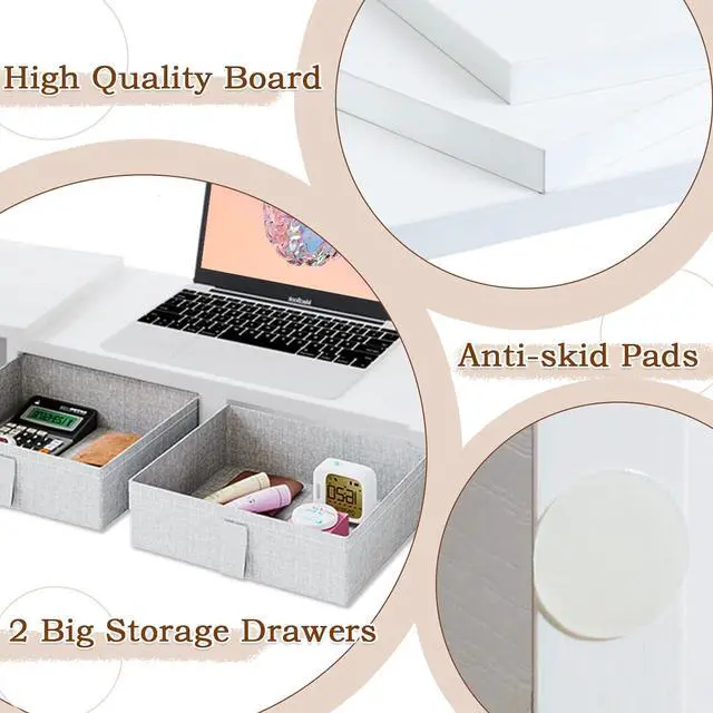 Alt view image 4 of 7 - TEAMIX Dual Monitor Stand Riser - Length and Angle Adjustable White Monitor Stand with 2 Drawers to Storage Large Computer Riser for 2 Monitors/Laptop/PC, Wood Screen/TV Stand Desk Organizer