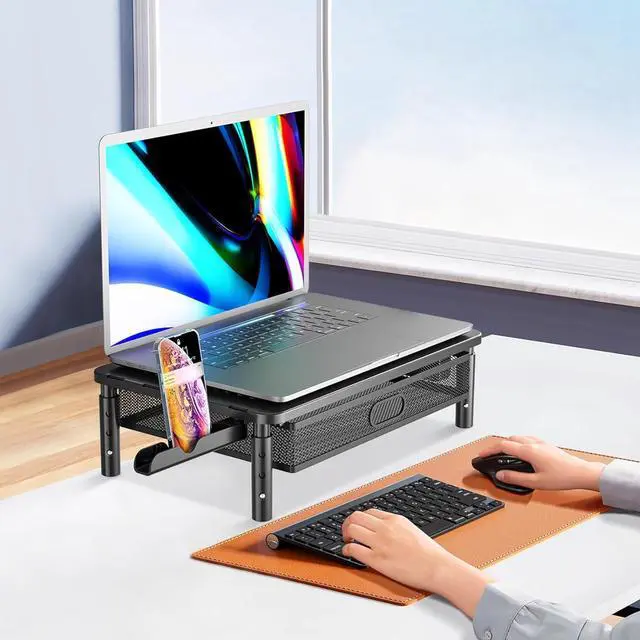 Alt view image 2 of 7 - Computer Stand for Desktop Monitor, Monitor Stand with Drawer and Storage Compartment for Computer, Metal Monitor Riser Desk Organizer for Office & Home