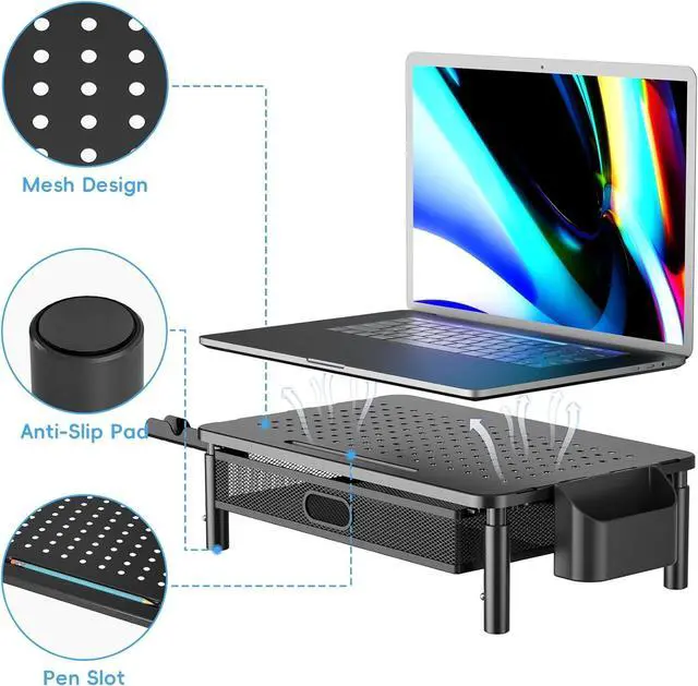 Alt view image 4 of 7 - Computer Stand for Desktop Monitor, Monitor Stand with Drawer and Storage Compartment for Computer, Metal Monitor Riser Desk Organizer for Office & Home