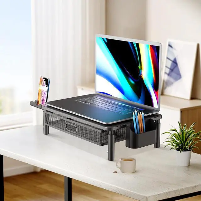 Alt view image 7 of 7 - Computer Stand for Desktop Monitor, Monitor Stand with Drawer and Storage Compartment for Computer, Metal Monitor Riser Desk Organizer for Office & Home