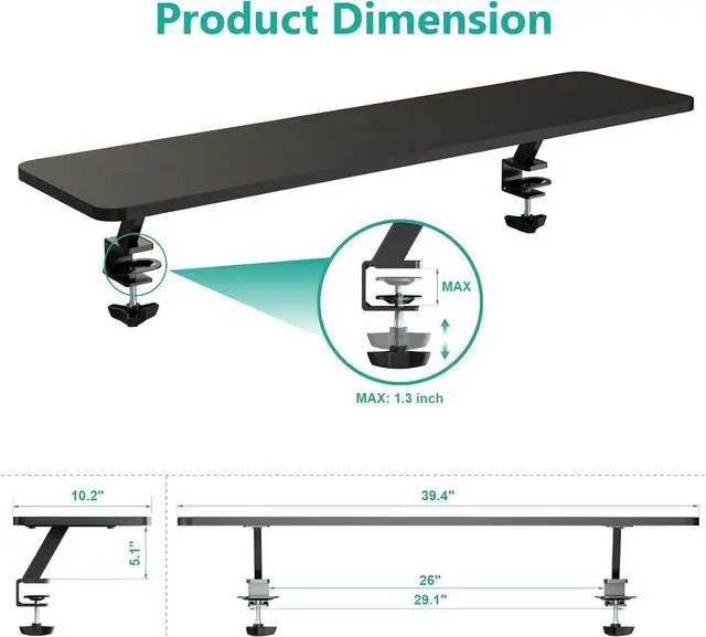 Alt view image 5 of 7 - Clamp On Desk Shelf, 40in Clamp On Shelf Stand for Dual Monitor,Ergonomic Monitor Riser with Clamp Base - No Screws PTT010-B, Black