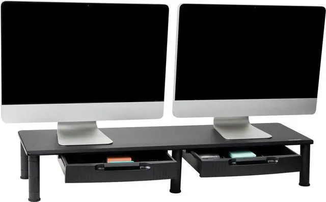 Main image of Mind Reader Dual Monitor Stand, Height Adjustable, Desktop Organizer, Laptop Riser, Office, 38.5" L x 11" W x 2.55-6.5" H, Black