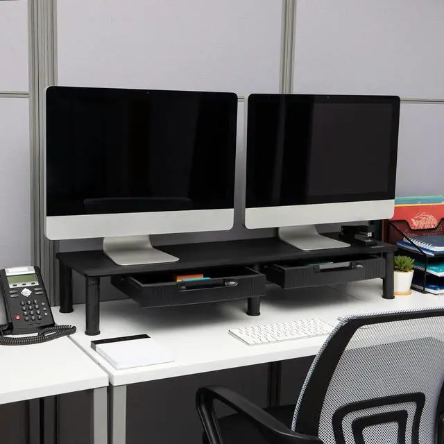 Alt view image 2 of 7 - Mind Reader Dual Monitor Stand, Height Adjustable, Desktop Organizer, Laptop Riser, Office, 38.5" L x 11" W x 2.55-6.5" H, Black