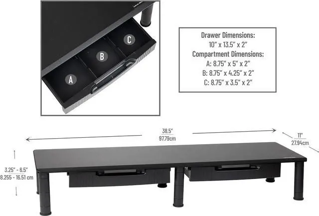 Alt view image 3 of 7 - Mind Reader Dual Monitor Stand, Height Adjustable, Desktop Organizer, Laptop Riser, Office, 38.5" L x 11" W x 2.55-6.5" H, Black